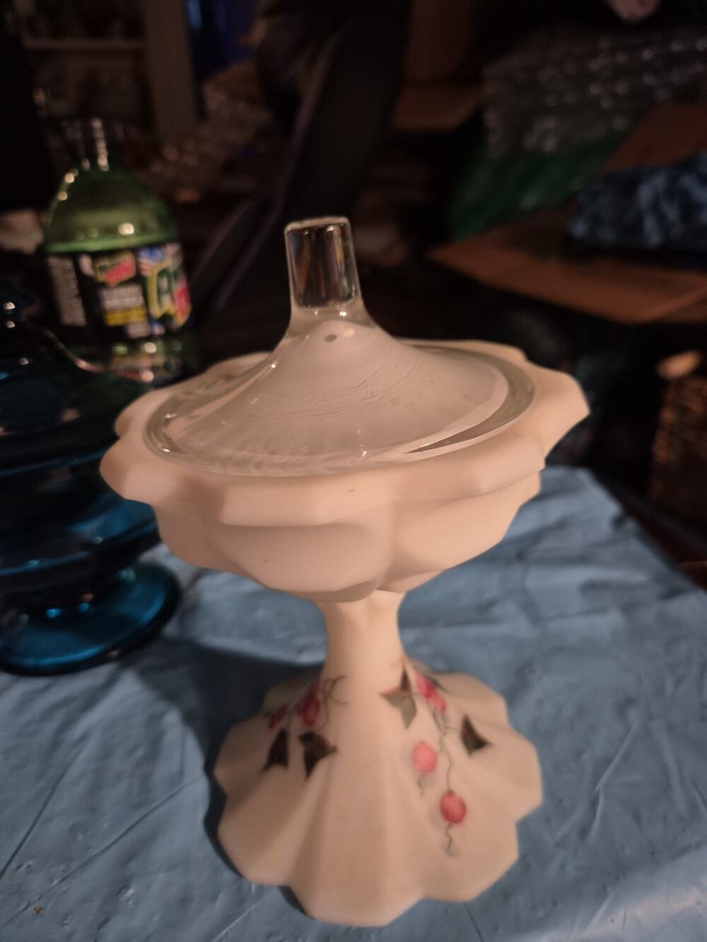 Vintage fenton Art glass Candy Dish with Lid And Hand Painted Red...